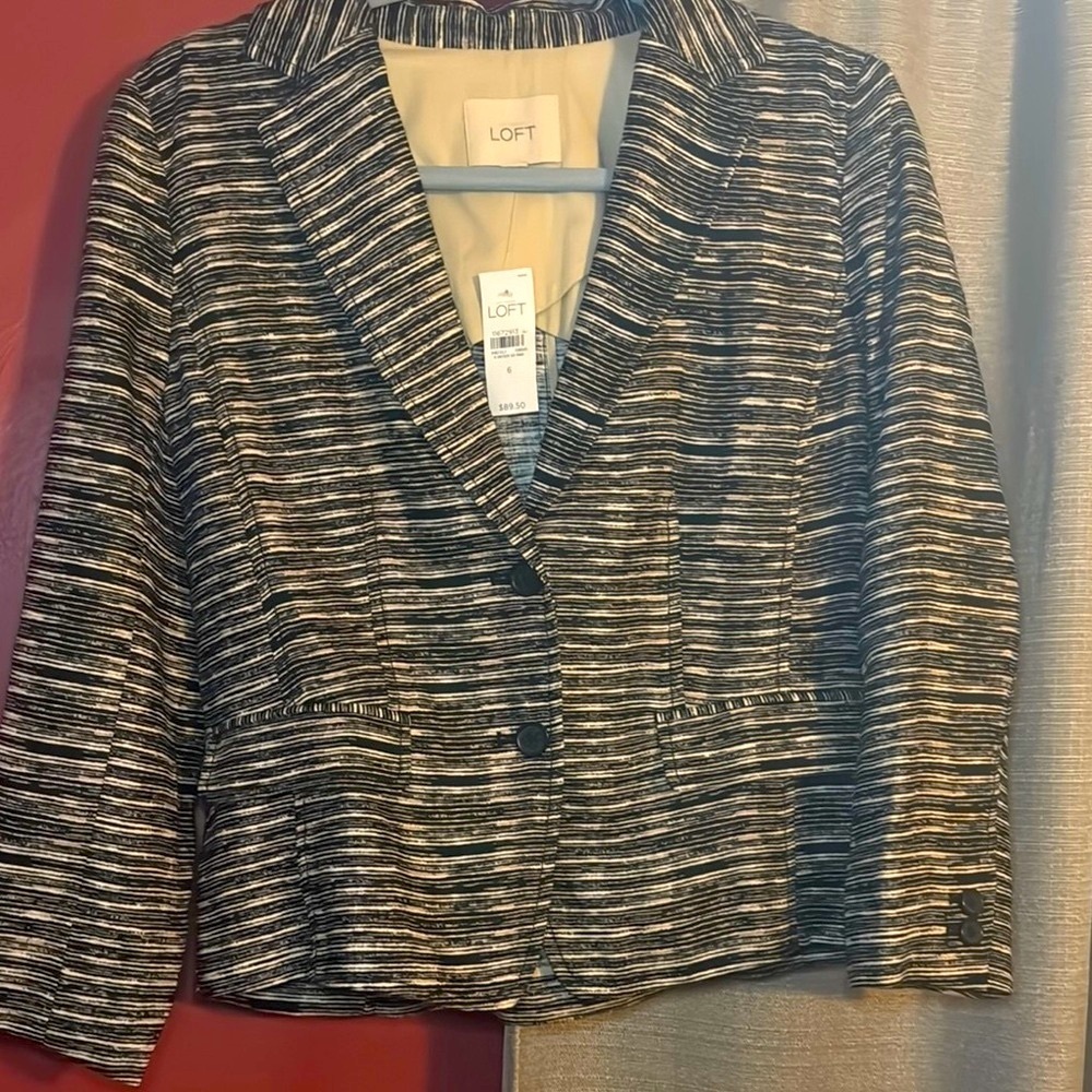 LOFT Women's Black and White Striped Jacket - Picture 5 of 7